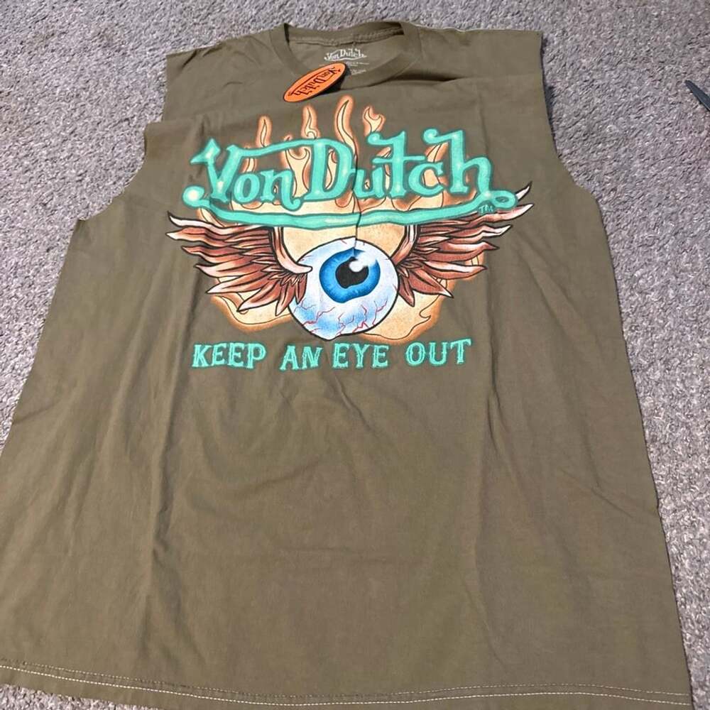 Von Dutch Eyeball Muscle Tank Top Size L Olive Green